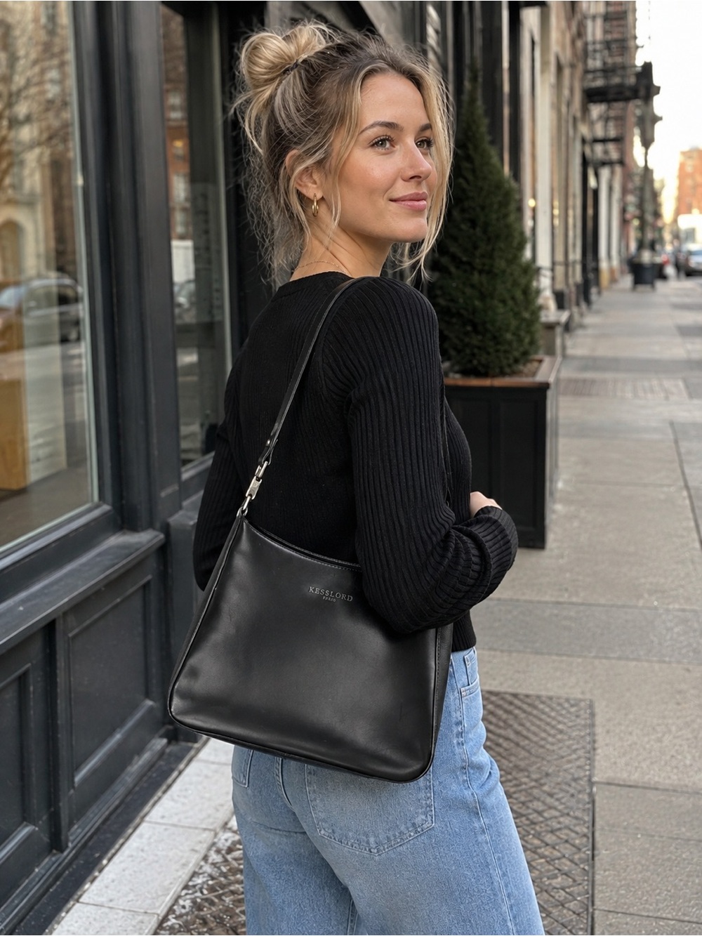 🖤 Kesslord Paris Black Leather Shoulder Bag – Silver Hardware